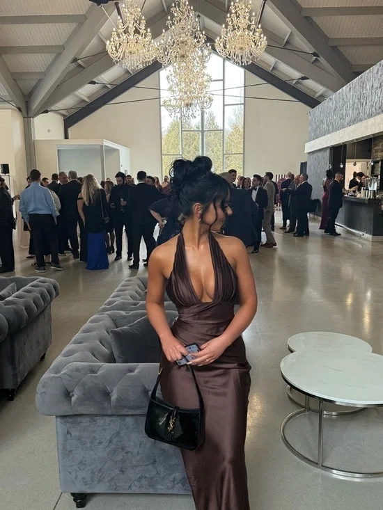 Halter Plunge Chocolate Brown Satin Maxi Dress with Corset - Picture 2 of 4